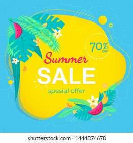 Summer sale banner template. Summer abstract geometric background with palm leaves, tropical fruits. Tropical background. Promo badge for your seasonal design. Vector illustration.
