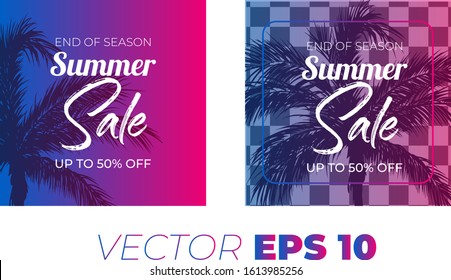 Summer sale banner template. Summer abstract geometric background with palm leaves and clouds. Tropical backdrop. Promo badge for your seasonal design. Vector illustration.