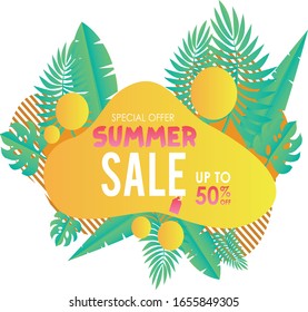 Summer sale banner template. Summer abstract geometric background with palm leaves, bananas leaves and color bubble. Tropical backdrop. Promo badge for your seasonal design. Vector illustration.