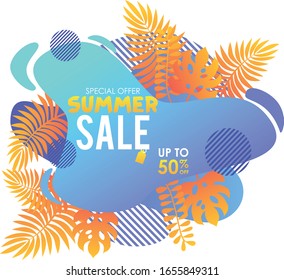 Summer sale banner template. Summer abstract geometric background with palm leaves, bananas leaves and color bubble. Tropical backdrop. Promo badge for your seasonal design. Vector illustration.