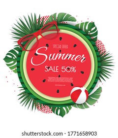 Summer sale banner template. Summer abstract background with watermelon. Tropical backdrop.