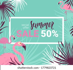 Summer sale banner template. Summer abstract background with palm leaves. Tropical background. Promo badge for your seasonal design. Vector illustration
