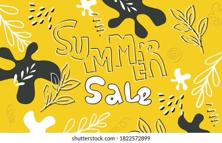 Summer sale banner template.An abstract summer with palm leaves and hand drawn leaves. Tropical background. Promo badge for your seasonal designs.