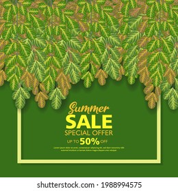 Summer sale banner template. Summer abstract background with green and yellowish leaves. Promo badges for your seasonal designs. Vector illustration.
