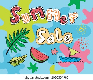Summer sale banner template.An abstract summer with palm leaves and hand drawn leaves. Tropical background. Promo badge for your seasonal designs.