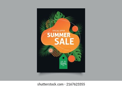 Summer sale banner template. Summer abstract geometric background with palm leaves.