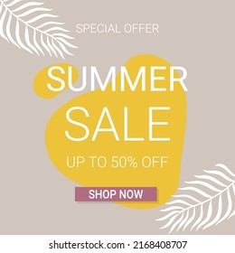 Summer sale banner template with abstract shapes and paln leaves. Template for social media, flyer and poster.