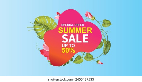 Summer sale banner template. Summer abstract geometric skyblue background with flowers leaves. Promo badge for your seasonal design vector file..