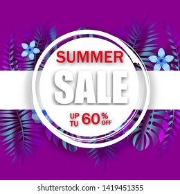 Summer sale banner template advertising promotional sale floral banner with trend holographic tropical plant leaves background, exotic design. Tropical backdrop. Promo badge for your seasonal design