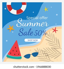 Summer sale banner template and background. Hot season discount poster. Flat design. Vector illustration.