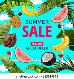 Summer Sale banner template  background with hand drawn tropical leaves and fruits. Isolated blue background. Vector illustration. 