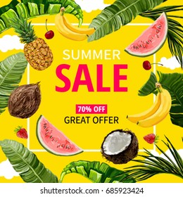 Summer Sale banner template  background with hand drawn tropical leaves and fruits. Isolated yellow background. Vector illustration. 