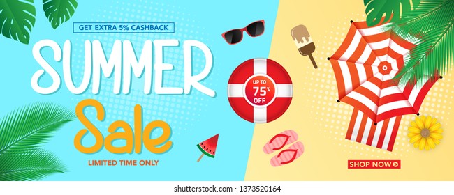 Summer sale banner template with beach umbrellas and tropical leaves background, for shopping sale. banner design. Poster, card, web banner. Vector illustration