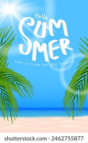 summer sale banner template with beach and sea water, palm leaves and blue sky with clouds.