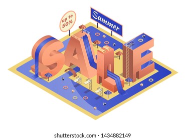 Summer sale banner template. Blue and yellow composition with water park, swimming pool, water slide, sun umbrellas.