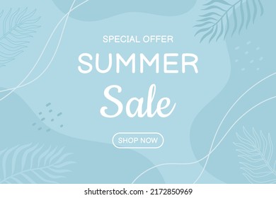 Summer sale banner template in blue colors with tropical leaves and discount text. Vector illustration