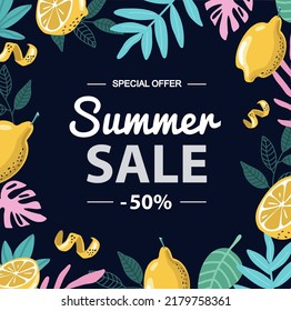 Summer sale banner template. Summer collection. Set of summer icons and design elements.