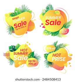 Summer sale banner template collection.Summer Sale labels set, stickers with messages and Tropical elements. Promo badge for seasonal offer, promotion, advertising.Vector illustration
