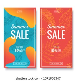 Summer sale banner template. Colorful banners with tropical palm leaves pattern. Summer promotion vertical coupon. Applicable for discount flyer, roll up, poster. Vector illustration.