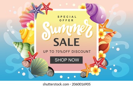 Summer sale banner template colorful sea shell vector illustration