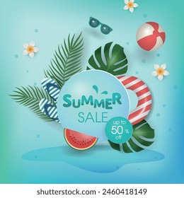 Summer Sale banner template with colorful beach elements like tropical leaves,  a beach ball, swim ring, sunglasses, flip-flips, flower in blue background.