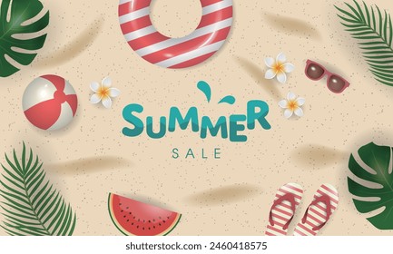 Summer Sale banner template with colorful beach elements like tropical leaves,  a beach ball, swim ring, sunglasses, flip-flips, flowers on sand