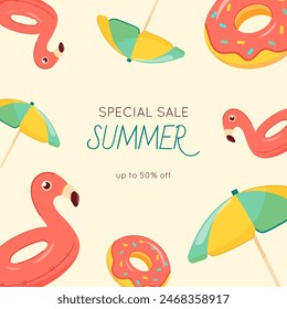 Sommerschlussverkauf Banner Vorlage. Bunter Banner, Poster mit aufblasbarem Ring Flamingo, Sonnenschirm, Schwimmkreis