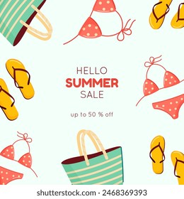 Summer sale banner template. Colorful banner, poster with beach bag, flip flops, swimsuit. Hello Summer Sale