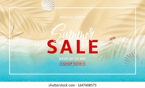 Summer sale banner template concept. Top view on sea beach with soft waves. Beautiful background with seashells on sea sand. Vector illustration with plant's shadows. Seasonal discount offer.