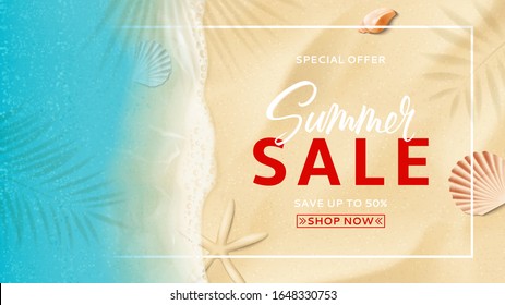 Summer sale banner template concept. Top view on sea beach with soft waves. Beautiful background with seashells on sea sand. Vector illustration with plant's shadows. Seasonal discount offer.