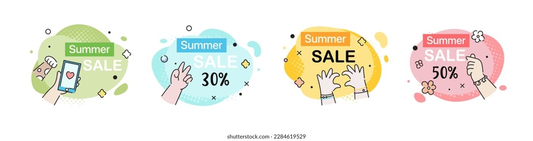 Summer sale banner template. Summer cute geometric tags and labels with cute hands and colorful shapes. Abstract isolated background. price deal badges for discount offers. Modern minimal concept.