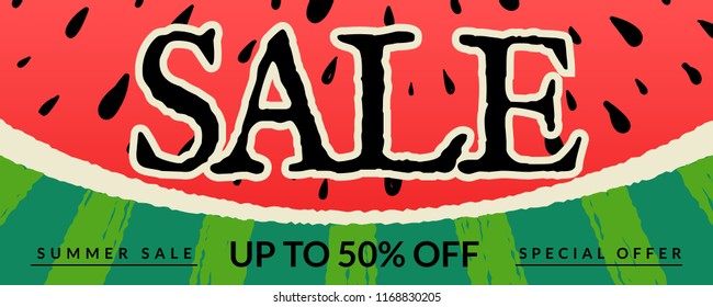 Summer sale banner template design, lovely watermelon background, vector illustration.