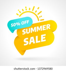 Summer sale banner template design with bubble. Discount offer price tag. 3D paper tape vector illustration.