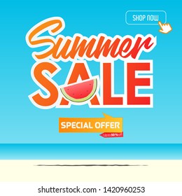 Summer sale banner template design. Special offer  up to 50% off banner for summer season. A half of watermelon in flat design. Summer sale typography on sea background. Vector Illustration.