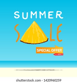 Summer sale banner template design. Special offer  up to 50% off banner for summer season. A slice of pineapple in flat design. Summer sale typography on sea background. Vector Illustration.