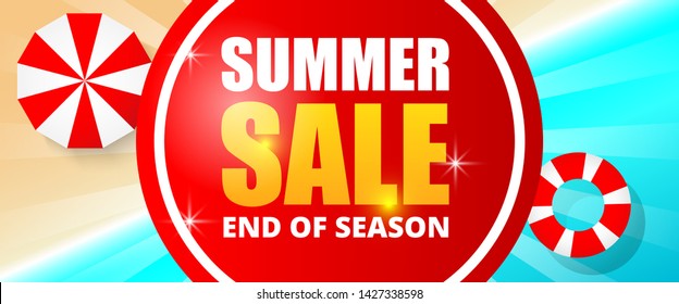 Summer sale banner template design, e. Top view on Summer decoration with realistic objects on beach. 