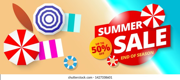 Summer sale banner template design, e. Top view on Summer decoration with realistic objects on beach. 