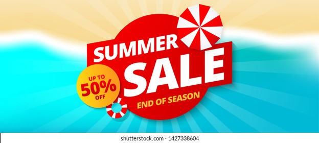 Summer sale banner template design, e. Top view on Summer decoration with realistic objects on beach. 