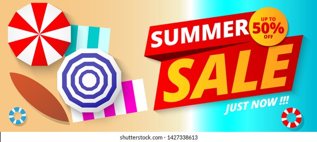 Summer sale banner template design, e. Top view on Summer decoration with realistic objects on beach. 