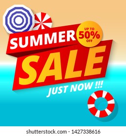 Summer sale banner template design, e. Top view on Summer decoration with realistic objects on beach. 