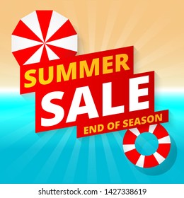 Summer sale banner template design, e. Top view on Summer decoration with realistic objects on beach. 