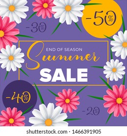 Summer sale banner template design with floral background, flyer, poster, card or website. Vector Illustration