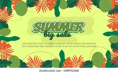 Summer sale banner template design with multicolor shape and leaf shape, big sale special offer. End of season special offer banner. Vector illustration.