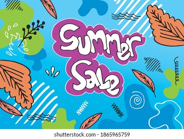 Summer sale banner template with doodle style. An abstract summer with palm leaves and hibiscus flowers. Promo badge for your seasonal designs.