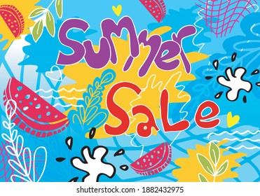 Summer sale banner template with doodle style. An abstract summer with palm leaves and doodle element. Promo badge for your seasonal designs.