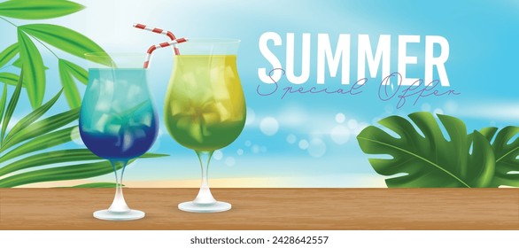 summer sale banner template with exotic cocktail on wooden table and tropical beach