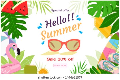 Summer sale banner template. Flat design vector illustration.