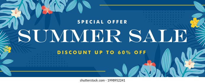 summer sale banner template with frame and blue floral leaf premium Vector