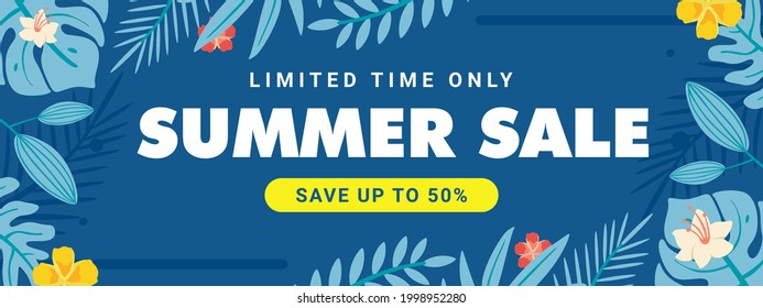 summer sale banner template with frame and blue floral leaf premium Vector