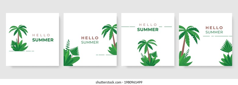 Summer sale banner template with green palm leaves and minimalist floral decoration